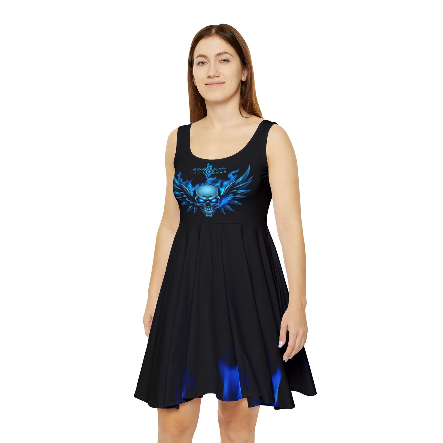 Skater Dress - Blue Flaming Sykotic Skull Design by Deranged Sykotic Wear and Gear