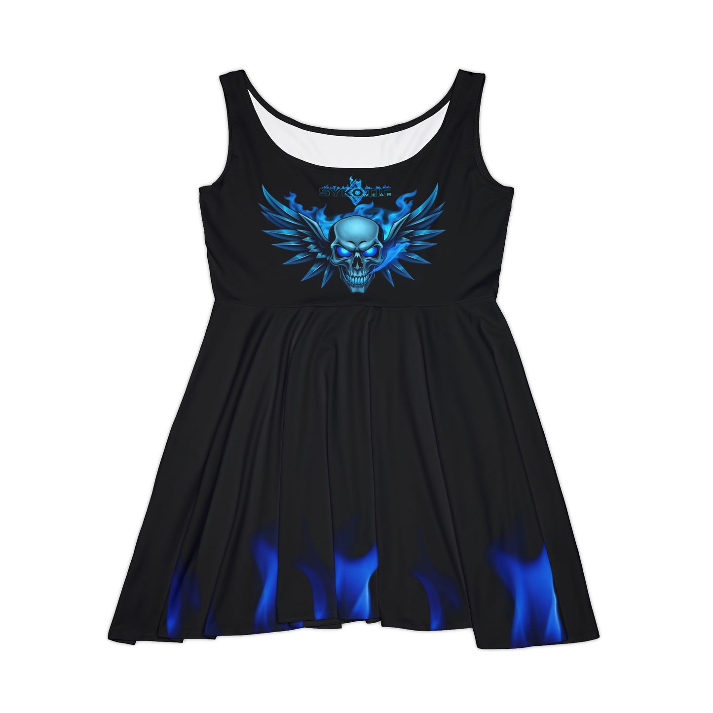 Skater Dress - Blue Flaming Sykotic Skull Design by Deranged Sykotic Wear and Gear
