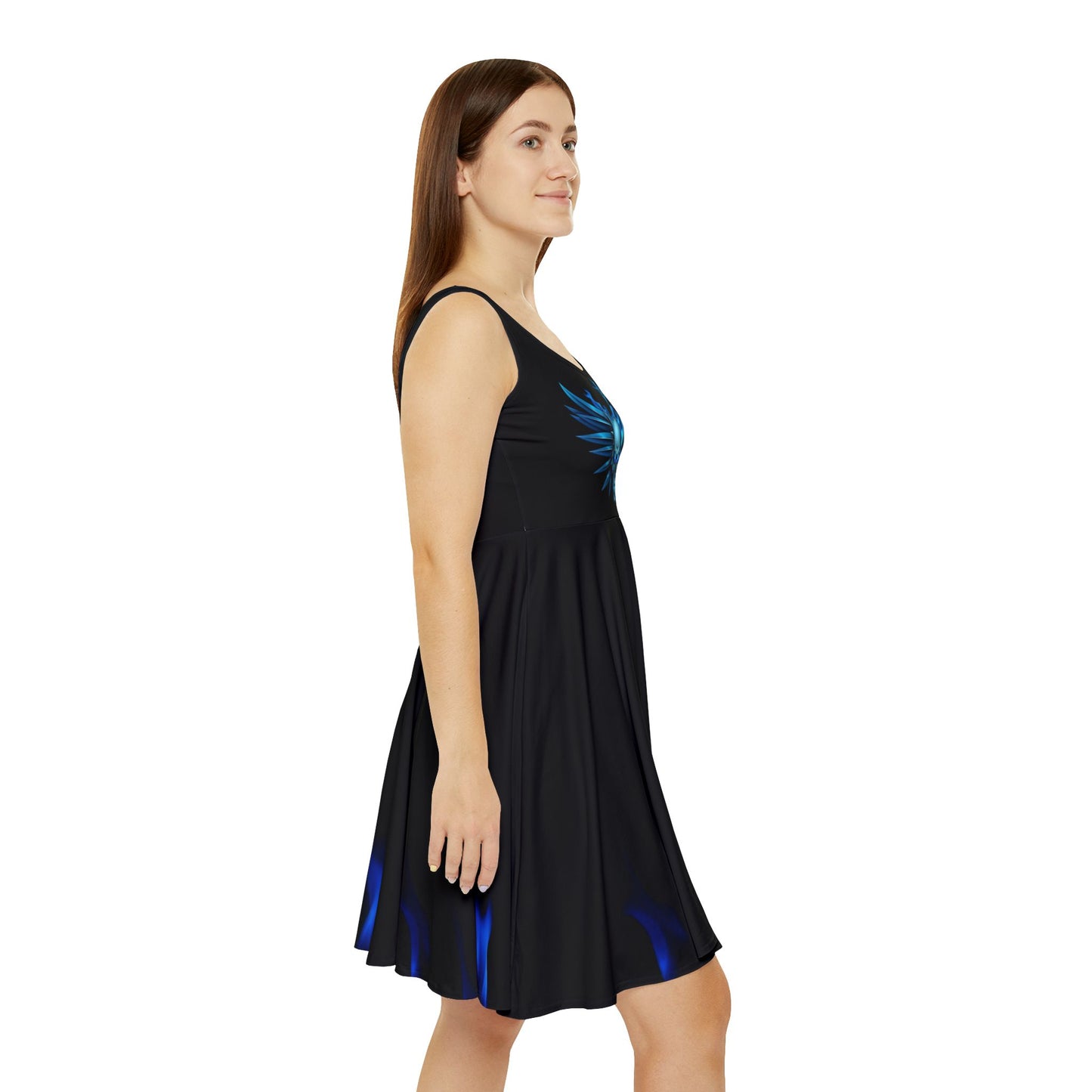 Skater Dress - Blue Flaming Sykotic Skull Design by Deranged Sykotic Wear and Gear