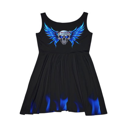 Skater Dress - Blue Flaming Sykotic Skull Design by Deranged Sykotic Wear and Gear